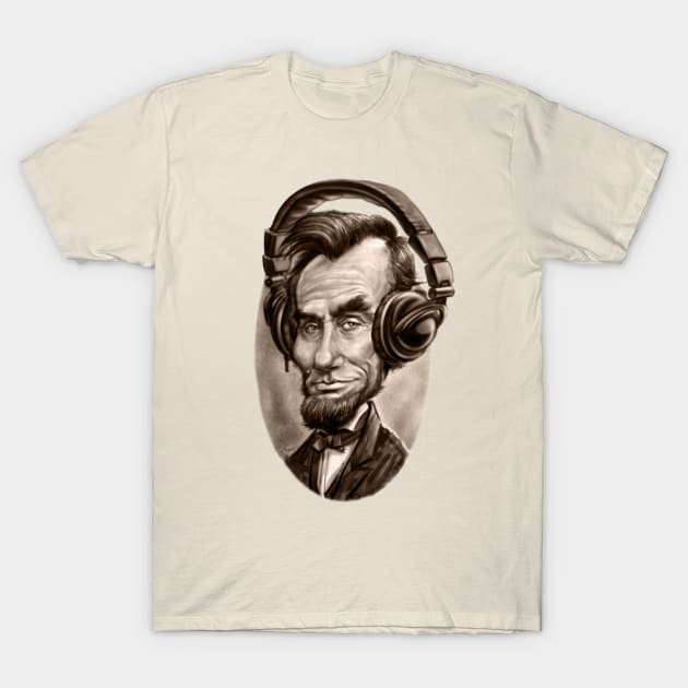 Caricature of Abe Lincoln with Music Headphones T-Shirt by Mudge